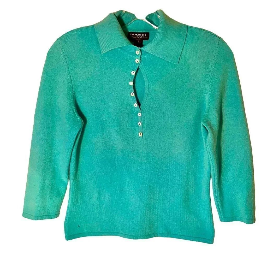 Classiques Entier Aqua Cashmere Button Keyhole Sweater Sm. Worn By Actress On TV